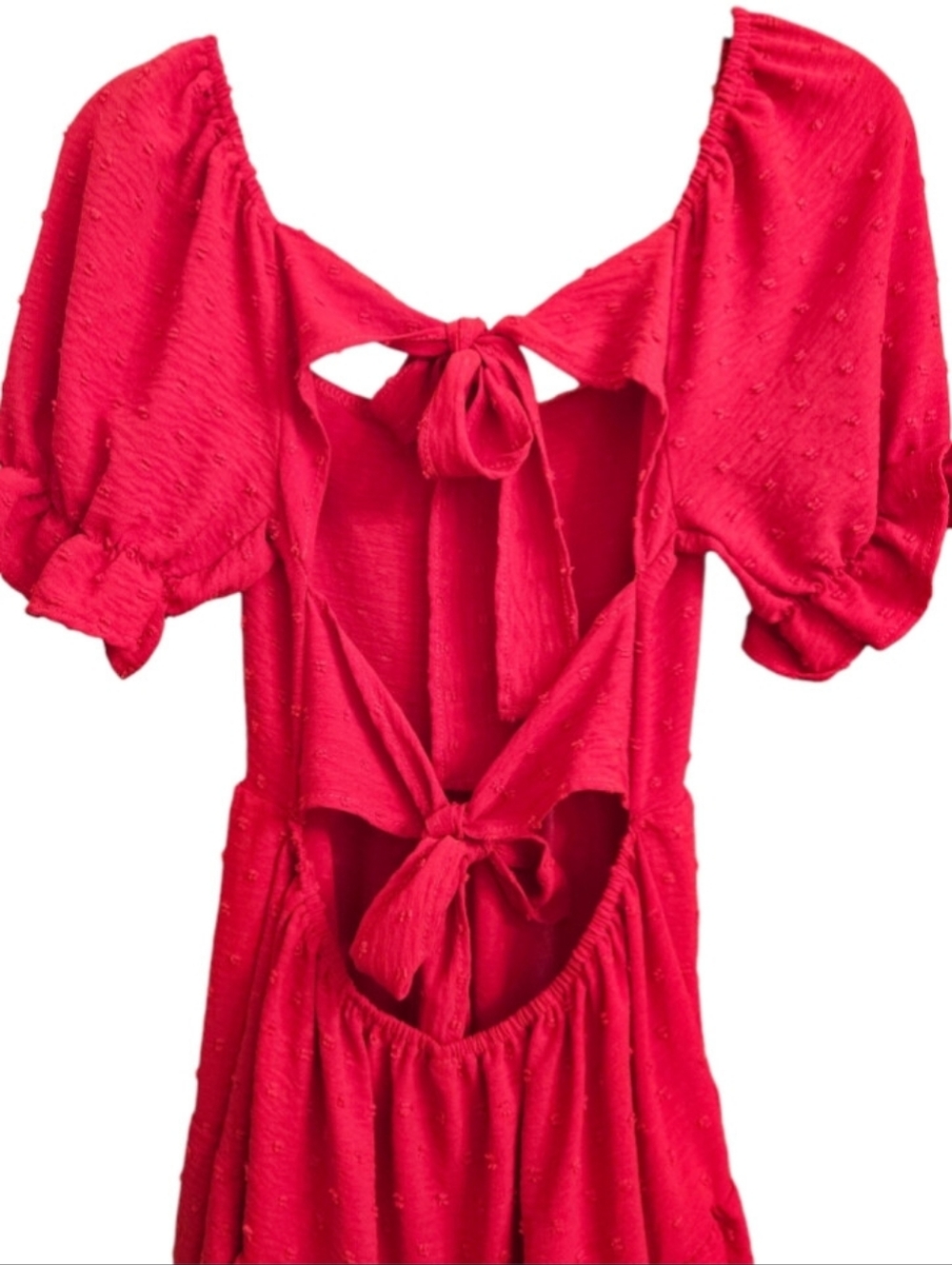 Red Textured Dots Scoop Neck Open Back Ruffle Bubble Sleeve Hi-Lo Dress Large - Picture 4 of 7